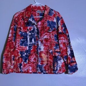Vintage Chico's 100% Cotton Jacket with Abstract Floral Print in Red And BlueSz3